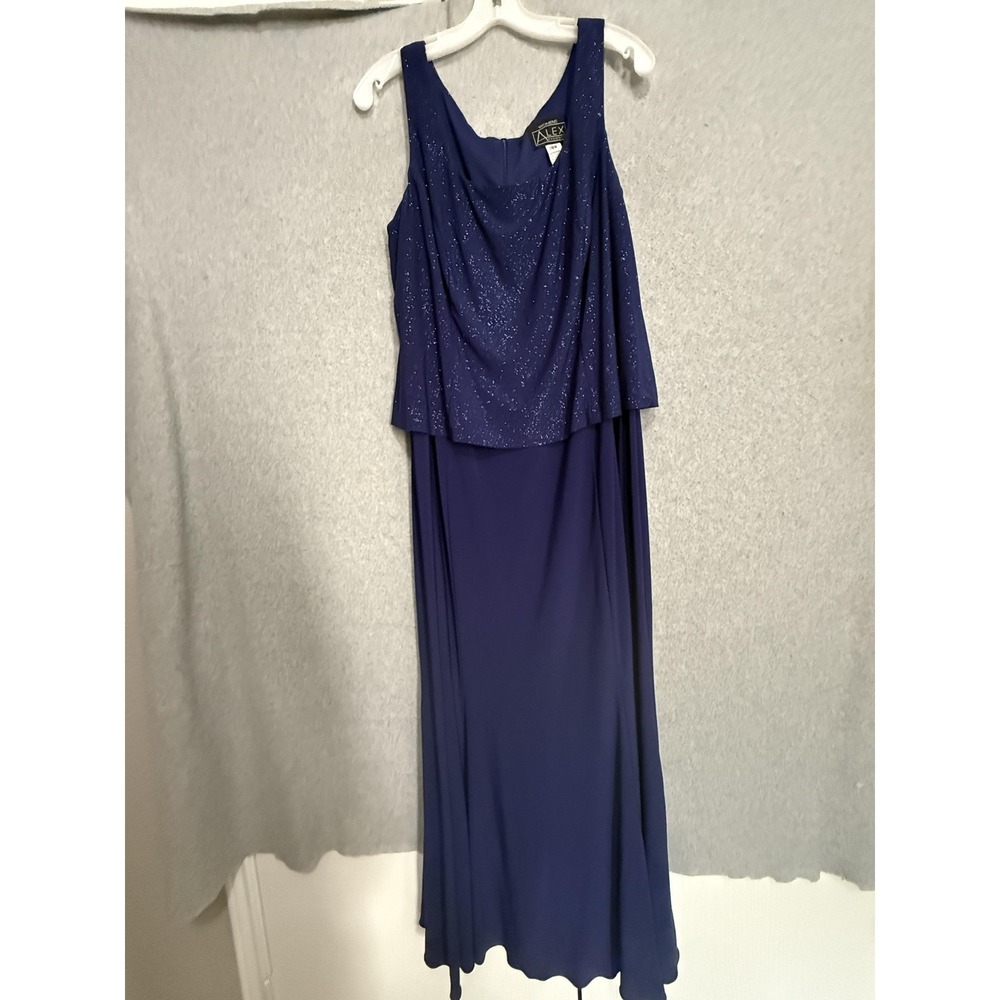 Alex Evenings Dress Womens 16W Blue Glitter Scoop Neck A Line‎ Long Formal Gown